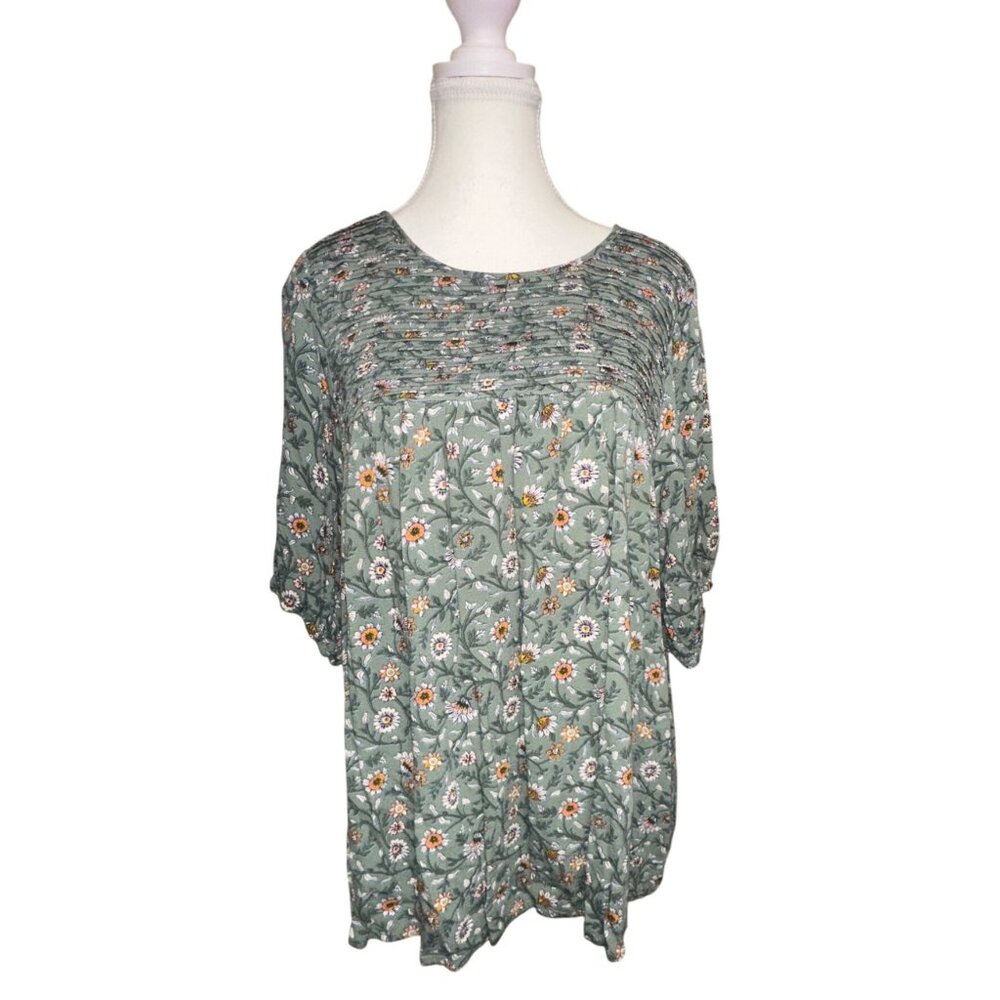 Floral Green Pleated Women’s Blouse 2X by Mason & Bell